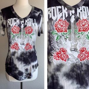 🍓Rayon V neck tie dye Rock N Roll T-Shirt